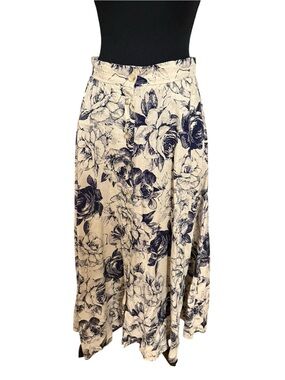 Floral Button-Front Maxi Skirt linen cotton- Cream and Navy 8 Liz Claiborne Vint